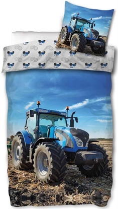 Traktor sengetøj - 140x200 cm - Vendbar sengesæt med blå traktor - 100% bomuld - Flot børnesengetøj